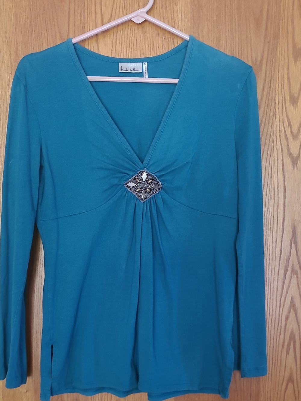 Nicole Miller Teal Long Sleeve V-Neck Top with Embellished Center